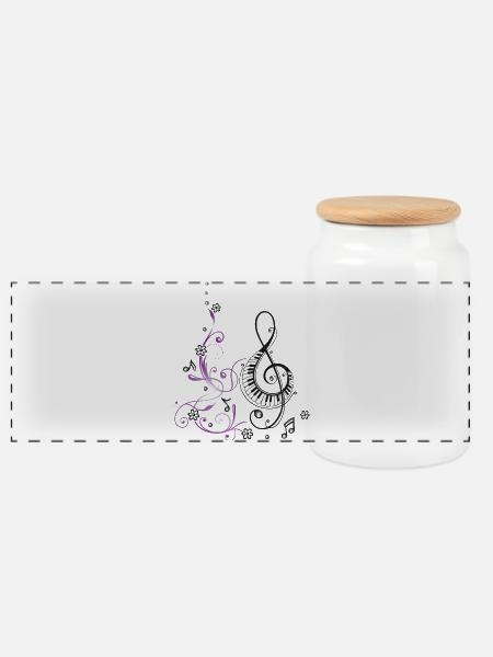 Notenschlüssel mit Piano, Blumen und Musiknoten. - Panorama Keksdose mit Holzdeckel - Weiß