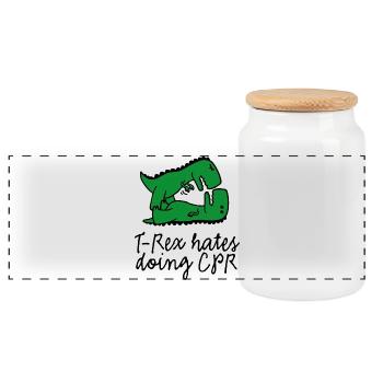 T-Rex hates doing CPR first aid instructor - Panoramic Cookie Jar with Wooden Lid - white - Front