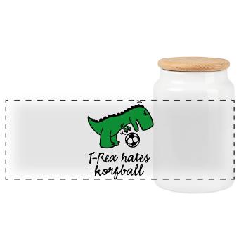 T-Rex hates korfball ball funny dinosaur cartoon - Panoramic Cookie Jar with Wooden Lid - white - Front
