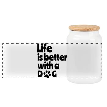 Life is better with a dog, dogs, animal 001 - Panoramic Cookie Jar with Wooden Lid - white - Front