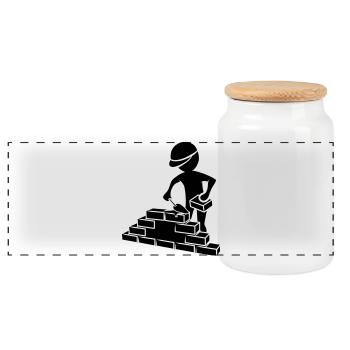 Construction workers with mason trowel, mortar and wall - Panoramic Cookie Jar with Wooden Lid - white - Front