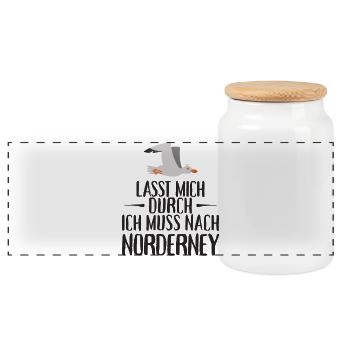 Lasst mich durch ich muss nach Norderney Möwe - Panorama Keksdose mit Holzdeckel - Weiß - Vorne