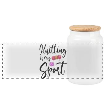 Knitting knitter - Panoramic Cookie Jar with Wooden Lid - white - Front