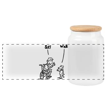 Sit and walk. Wheelchair and dog humor # - Panoramic Cookie Jar with Wooden Lid - white - Front