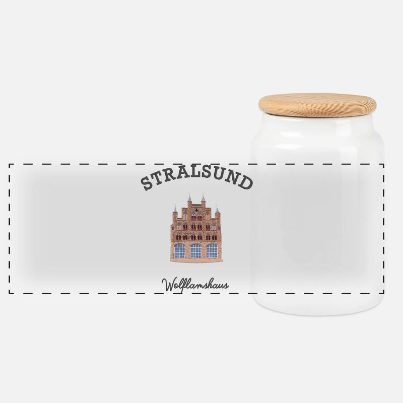 Ostsee, Stralsund, Wolflamshaus, Zeichnung - Panorama Keksdose mit Holzdeckel - Weiß