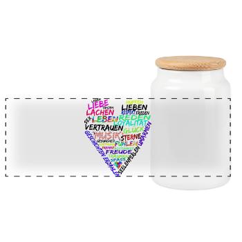 Herz Text Leben Lieben Lachen und Mehr - Panorama Keksdose mit Holzdeckel - Weiß - Vorne