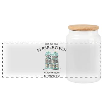 München, Wahrzeichen Dom, Frauenkirche, Bayern - Panorama Keksdose mit Holzdeckel - Weiß - Vorne