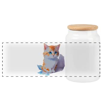 cute cat - Panoramic Cookie Jar with Wooden Lid - white - Front