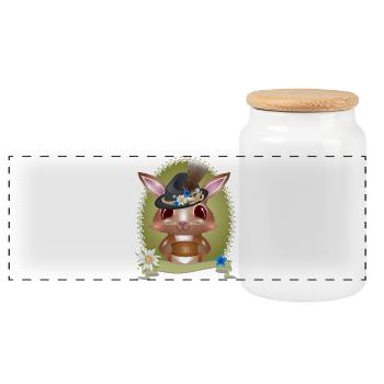 Mignon lapin en costume traditionnel avec chapeau et pantalon en cuir - Boîte à biscuits avec couvercle en bois - blanc - Devant