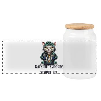 Apfelwein und Katzen Design - Panorama Keksdose mit Holzdeckel - Weiß - Vorne