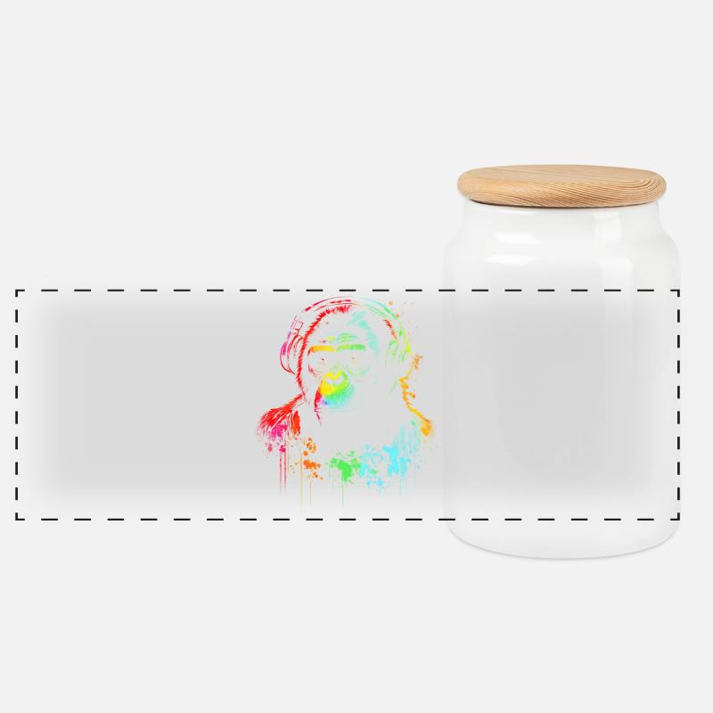 Regenbogen Gorilla Kopfhörer - Panorama Keksdose mit Holzdeckel - Weiß