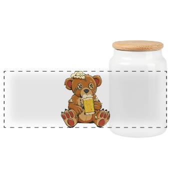 Genähter Biertrinker Bär Bärchen - Panorama Keksdose mit Holzdeckel - Weiß - Vorne