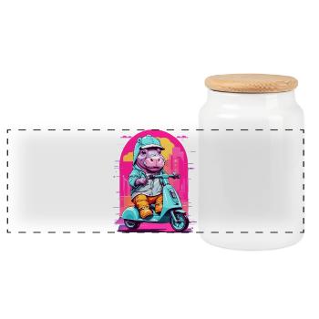Hippopotamus on Scooter - Panoramic Cookie Jar with Wooden Lid - white - Front