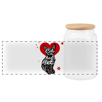 Cat with heart - Panoramic Cookie Jar with Wooden Lid - white - Front