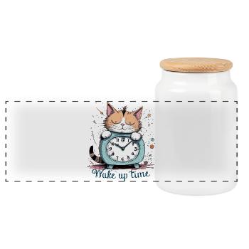 Es ist Zeit aufzuwachen, Katzenhumor! - Panorama Keksdose mit Holzdeckel - Weiß - Vorne