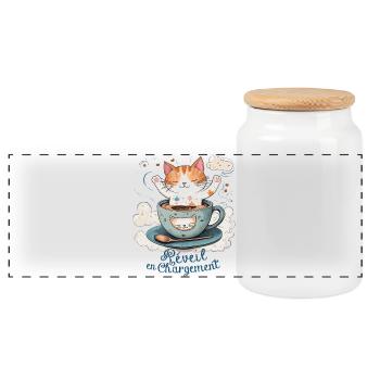 Alarm clock charging, cat humor and coffee mug - Panoramic Cookie Jar with Wooden Lid - white - Front