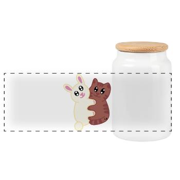 Rabbit and Cat by L!LA - Panoramic Cookie Jar with Wooden Lid - white - Front