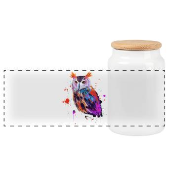 Owl Watercolor - Panoramic Cookie Jar with Wooden Lid - white - Front