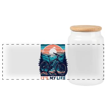 Mountain Bike Sunset Adventure Design - Panoramic Cookie Jar with Wooden Lid - white - Front