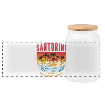 Santorini Greece sunset palm trees - Panoramic Cookie Jar with Wooden Lid - white - Front
