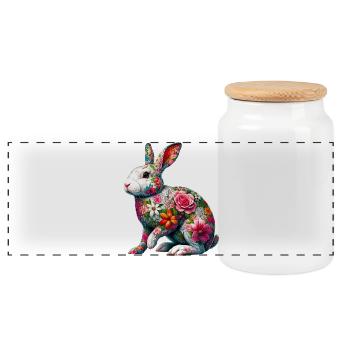 Lapin décoré de fleurs - Boîte à biscuits avec couvercle en bois - blanc - Devant