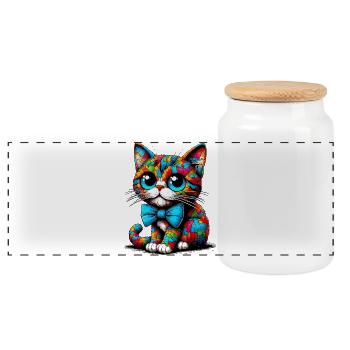 Chat avec noeud papillon - Boîte à biscuits avec couvercle en bois - blanc - Devant