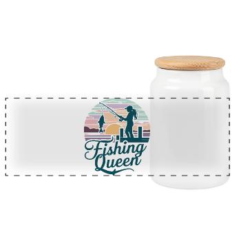 Fishing Queen - Sunset Silhouette - Panoramic Cookie Jar with Wooden Lid - white - Front
