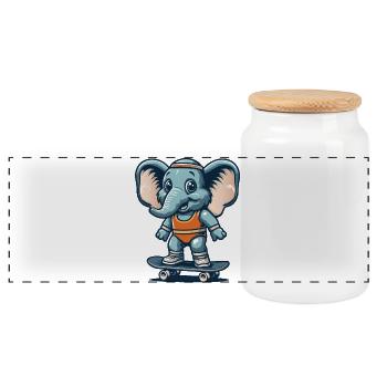 blauer Cartoon-Elefant auf dem Skateboard - Panorama Keksdose mit Holzdeckel - Weiß - Vorne