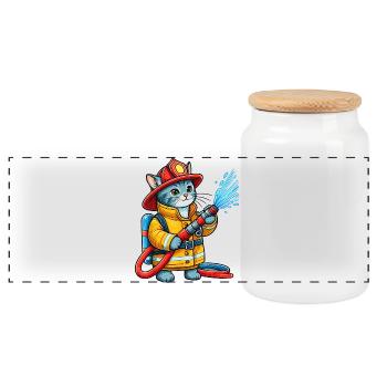 Firefighter Kitten Splash - Panoramic Cookie Jar with Wooden Lid - white - Front
