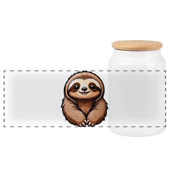 Cute Happy Cartoon Sloth - Panoramic Cookie Jar with Wooden Lid - white - Front