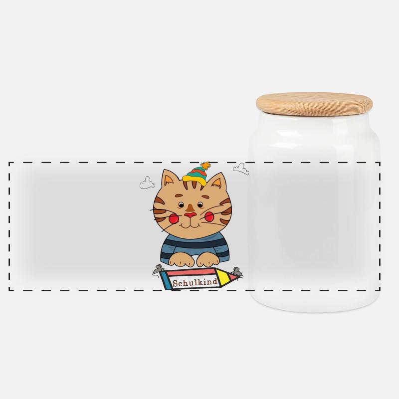 Schulkind Katze - Panorama Keksdose mit Holzdeckel - Weiß