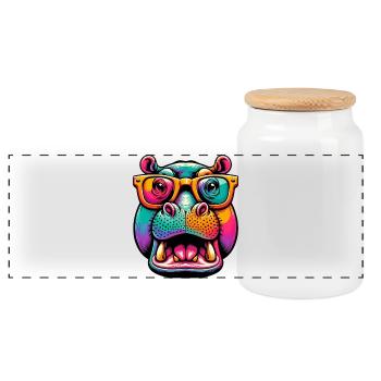 Hippopotamus with Glasses - Panoramic Cookie Jar with Wooden Lid - white - Front