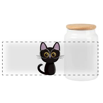 Black cat - Panoramic Cookie Jar with Wooden Lid - white - Front
