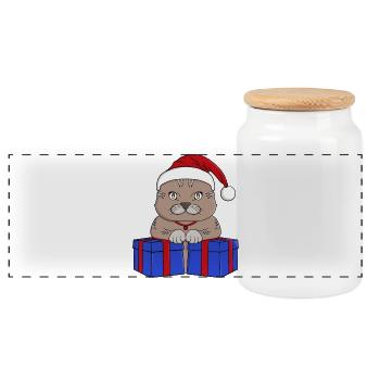 Mignon chat Père Noël - Boîte à biscuits avec couvercle en bois - blanc - Devant