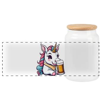Tipsy / drunk unicorn - Panoramic Cookie Jar with Wooden Lid - white - Front