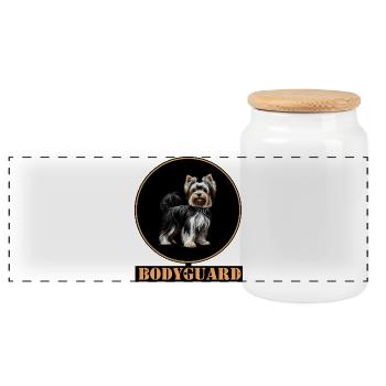Yorkshire Terrier : Wachhund im Goldring - Panorama Keksdose mit Holzdeckel - Weiß - Vorne
