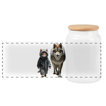 Katze und Wolf gehen zusammen - Panorama Keksdose mit Holzdeckel - Weiß - Vorne