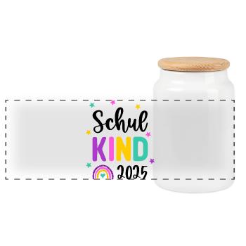 Schulkind 2025 Einschulung Regenbogen Schule - Panorama Keksdose mit Holzdeckel - Weiß - Vorne