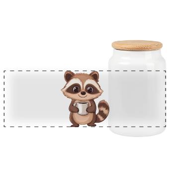 Mignon raton laveur tenant une tasse à café - Design adorable - Boîte à biscuits avec couvercle en bois - blanc - Devant