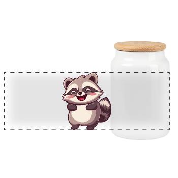 Cute Adorable Raccoon - Charming Cartoon Design - Panoramic Cookie Jar with Wooden Lid - white - Front