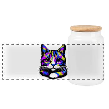 Cat - Panoramic Cookie Jar with Wooden Lid - white - Front