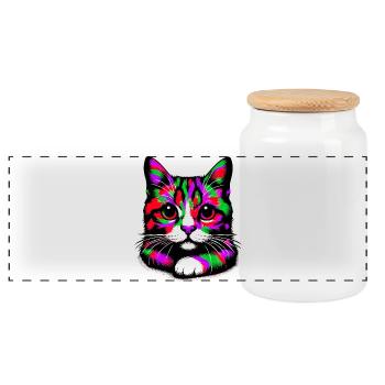 Cat - Panoramic Cookie Jar with Wooden Lid - white - Front