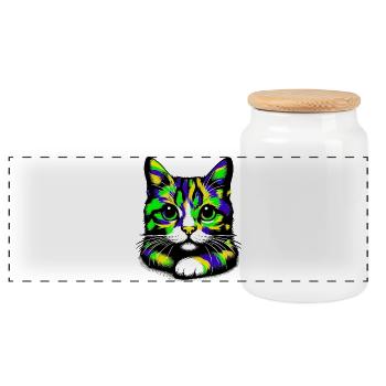 Cat - Panoramic Cookie Jar with Wooden Lid - white - Front