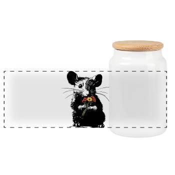 Maus mit bunten Blumenstrauß - Stencil Love - Panorama Keksdose mit Holzdeckel - Weiß - Vorne