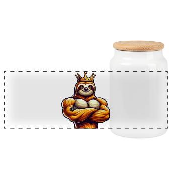 Muskulöser Faultier König Fitness Workout - Panorama Keksdose mit Holzdeckel - Weiß - Vorne