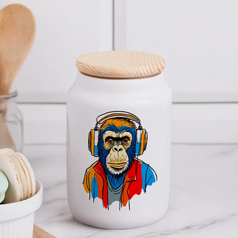 Singe avec casque Boîte à biscuits avec couvercle en bois