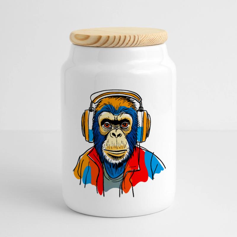 Affe mit Kopfhörern Panorama Keksdose mit Holzdeckel