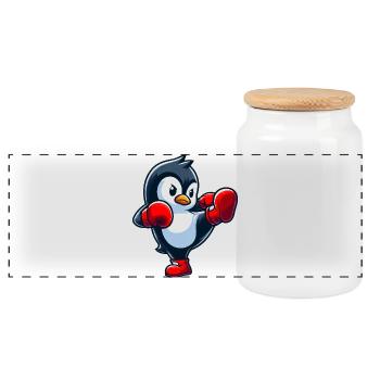 Cooler Pinguin Boxer Kickboxer Cartoon Kampfsport - Panorama Keksdose mit Holzdeckel - Weiß - Vorne