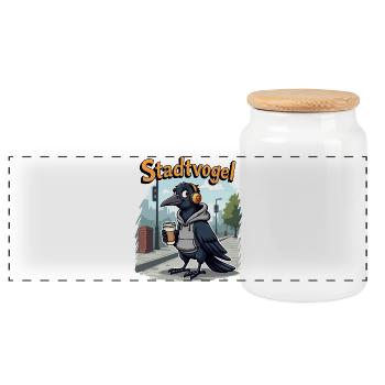 City Bird – The Most Chill Crow in the City - Panoramic Cookie Jar with Wooden Lid - white - Front