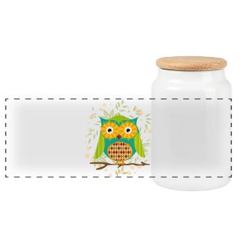 kunstvoll gestaltete Eule mit Patchwork-Muster - Panorama Keksdose mit Holzdeckel - Weiß - Vorne